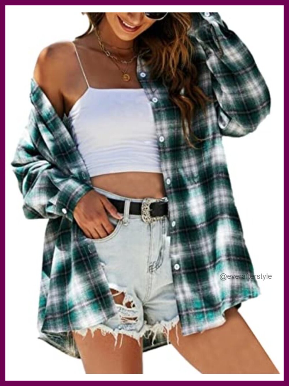 Oversized Plaid Flannel Button Down Shirt Loose Fit Checkered Top